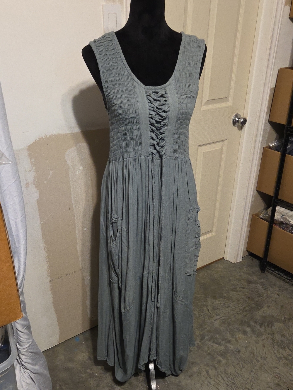 Lotustraders Boho Chic Sleeveless Smocked Maxi Dress Lace-Up Sage Lagenlook